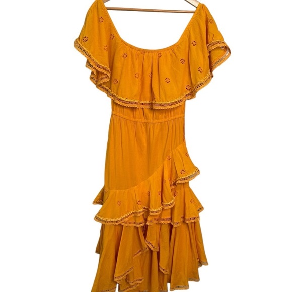 MISA Los Angeles Bethina Eyelet Off Shoulder Ruffled Dress Marigold Yellow XS - Picture 13 of 13